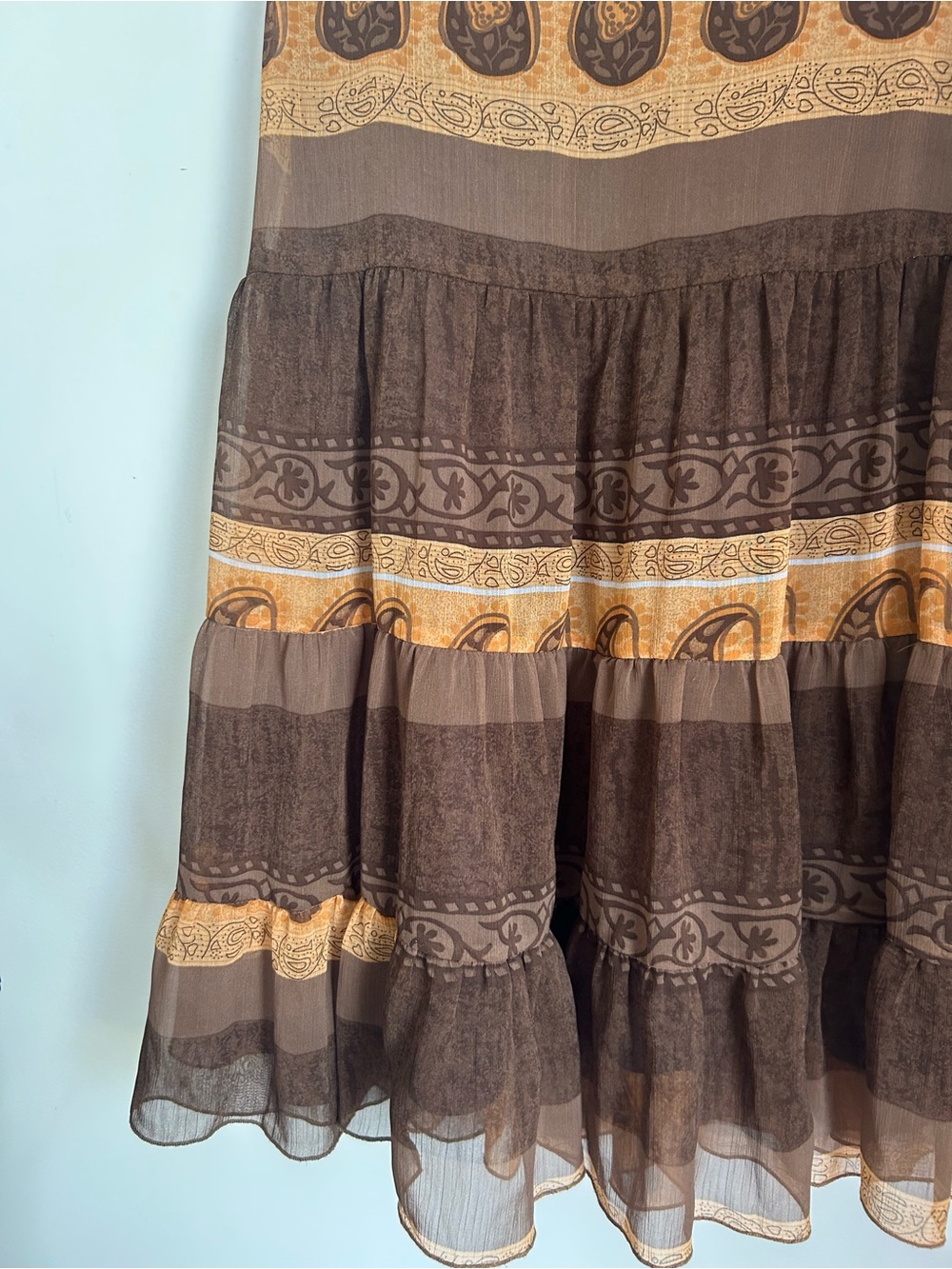 Bohemian Tiered Paisley Midi Skirt in Brown and Tan - Picture 2 of 5